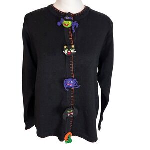 Lemon Grass Womens Black Halloween Sweater Cardigan Witch Cat Bat Pumpkin Size L